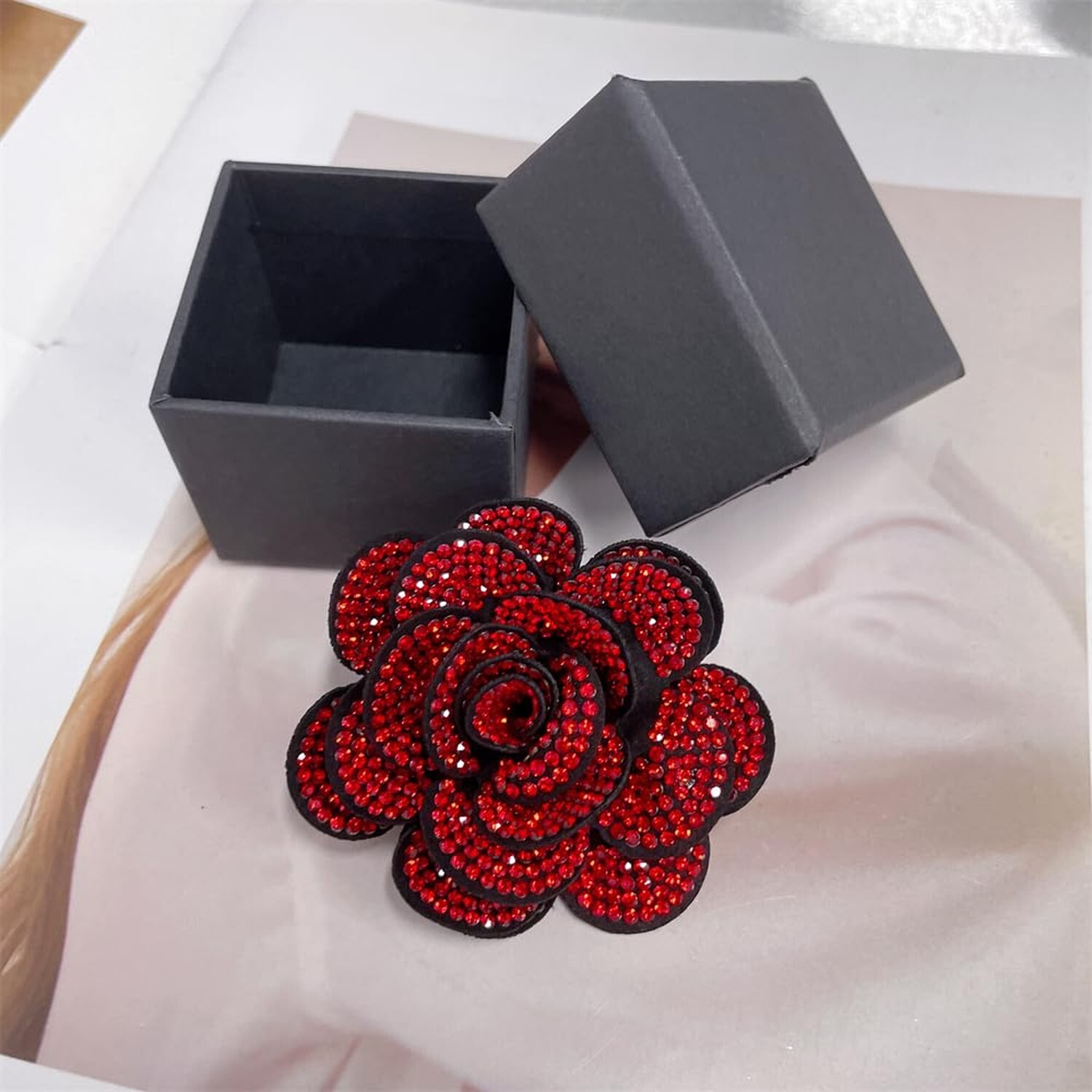 Rhinestone Rose Flower Brooch Lapel Pins for Women Her Fashion Crystal Camell…