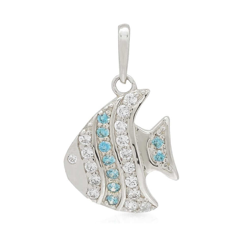 14K Yellow Gold White Gold 0.20Ct CZ & Aquamarine Fish Pendant