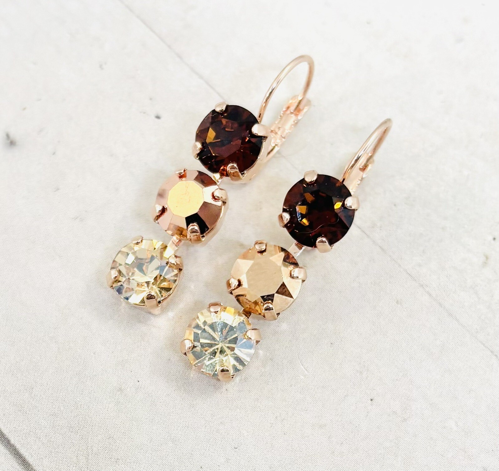 Rose Gold Plated Chocolate Brown and Rose Gold Triple Stone Cup Chain Earrings
