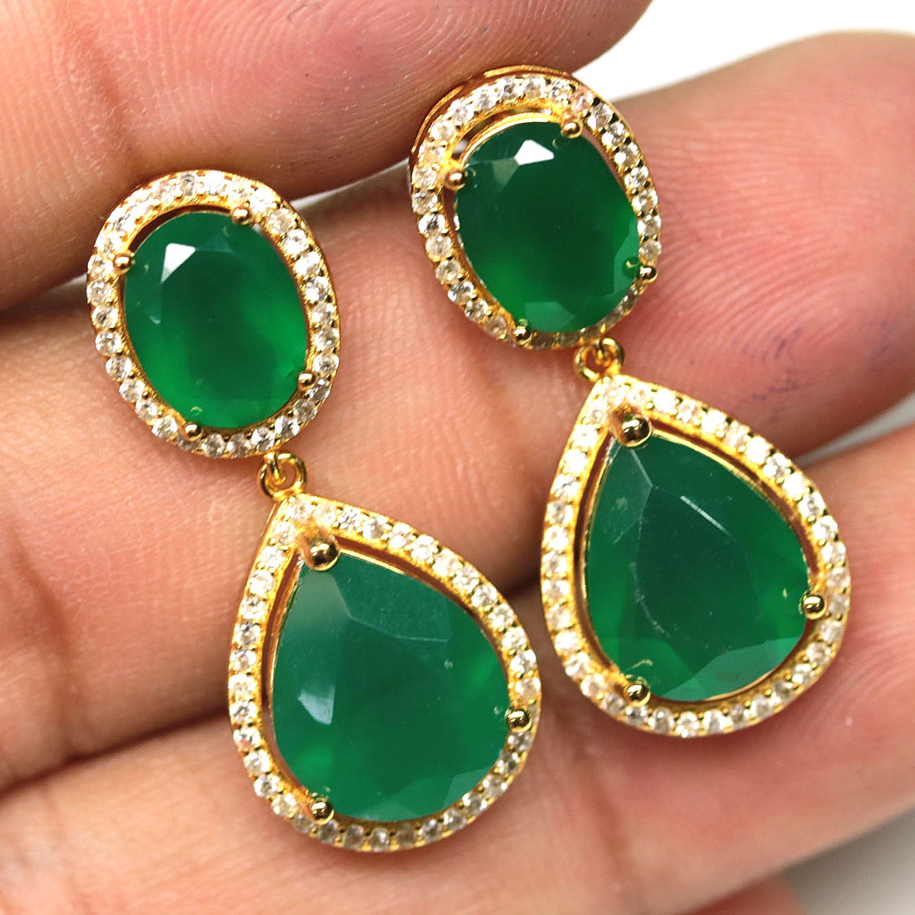 925 Sterling Silver Green Agate & Zircon Earrings White Gold Plated