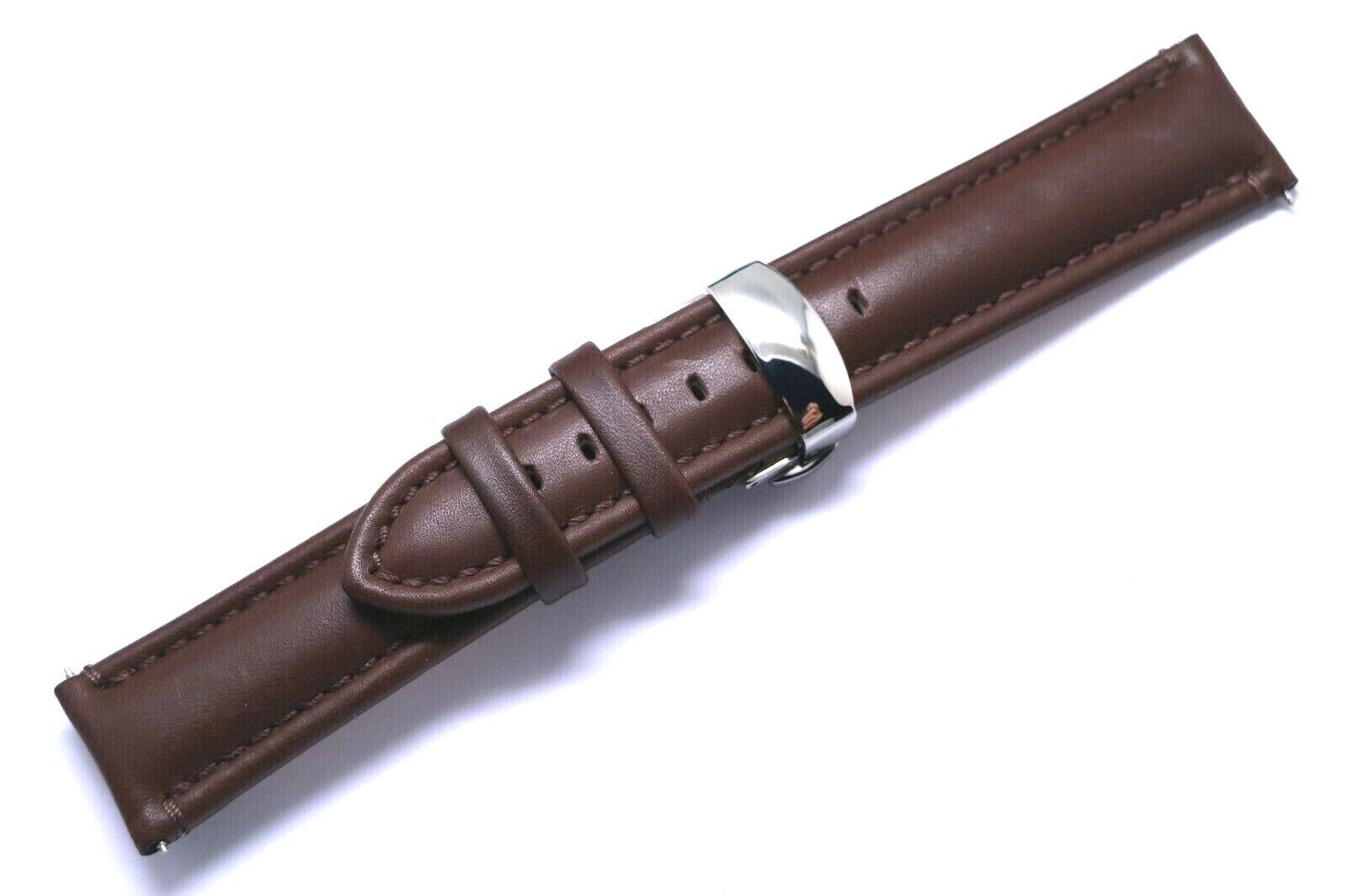 20mm Brown Genuine Leather Watch Band With Silver Push Button Deployant Clasp