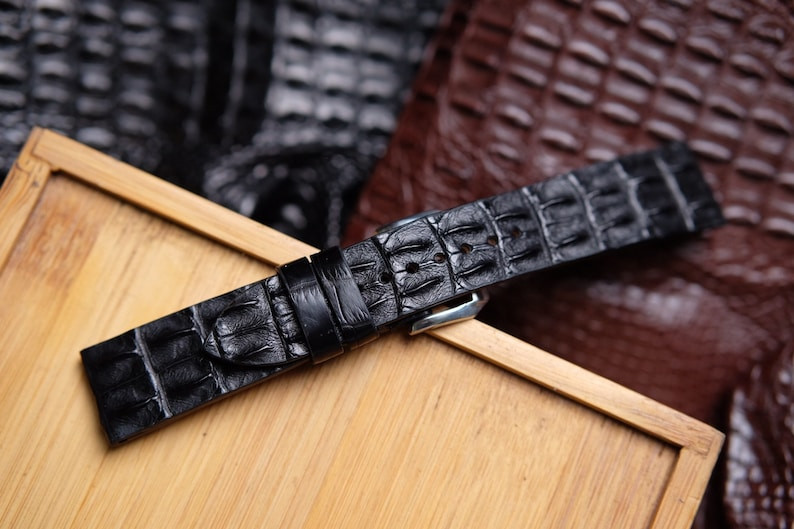 Black Leather Hornback Watch Strap Silver Buckle Custom Watch Band Handmade
