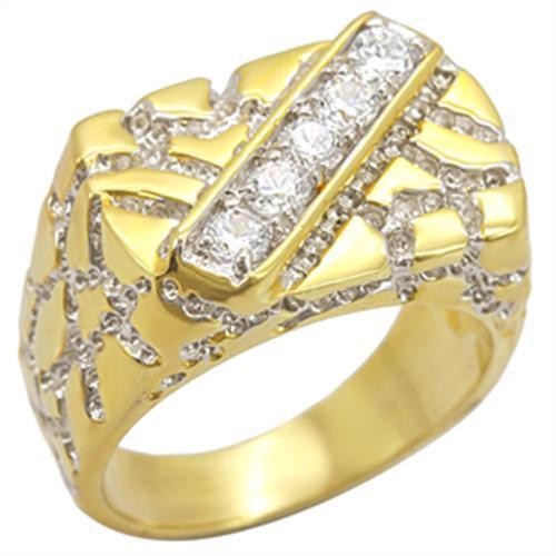 Men’s Nugget Style Ring, Clear CZ, 14K Gold & Rhodium Plated, Brass, Statement