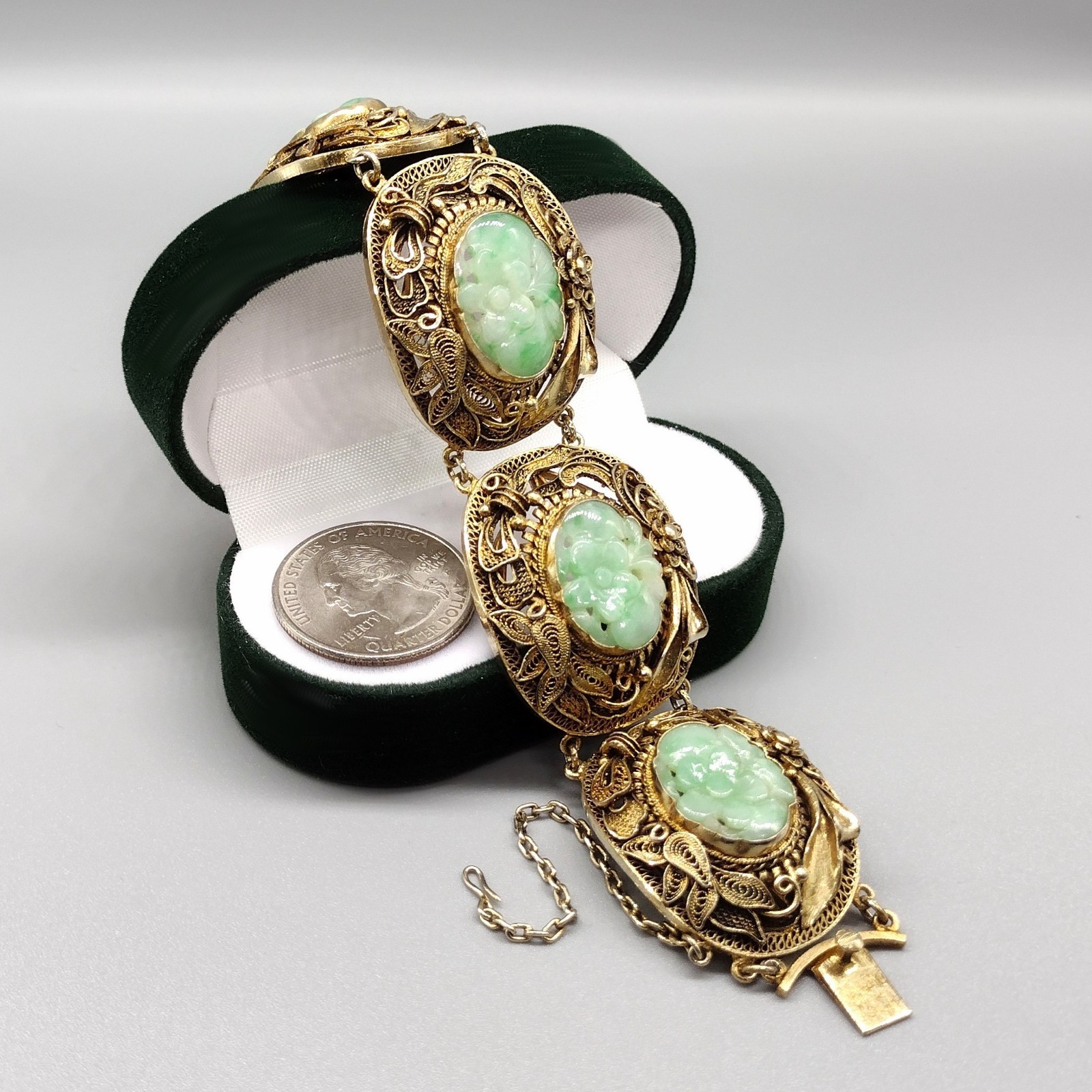 Chinese Export Carved Jade Gilt Silver Filigree Bracelet Vintage Antique Jewelry