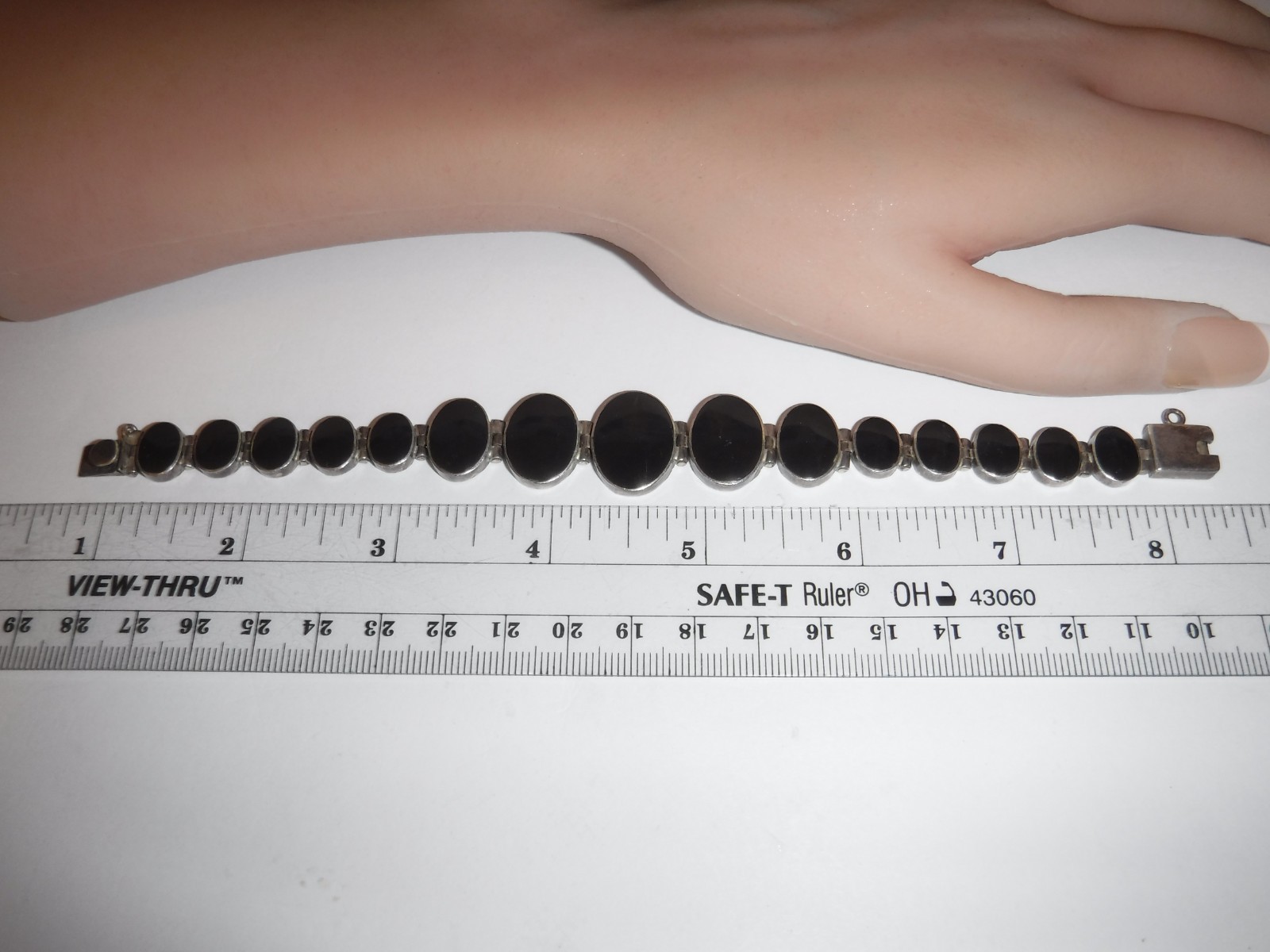Estate ACLEONI Sterling Silver 980 Oval Link Bracelet Onyx 7 1/2″ Signed