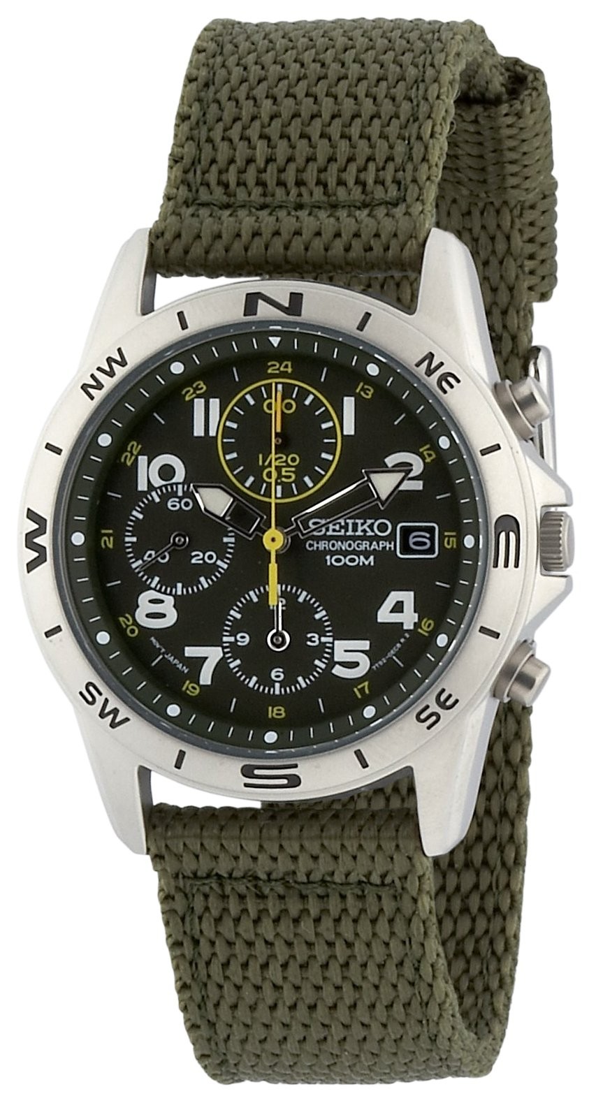 Seiko Chronograph SND377R Khaki Green Dial Quartz Nylon Strap Mens Watch New Box