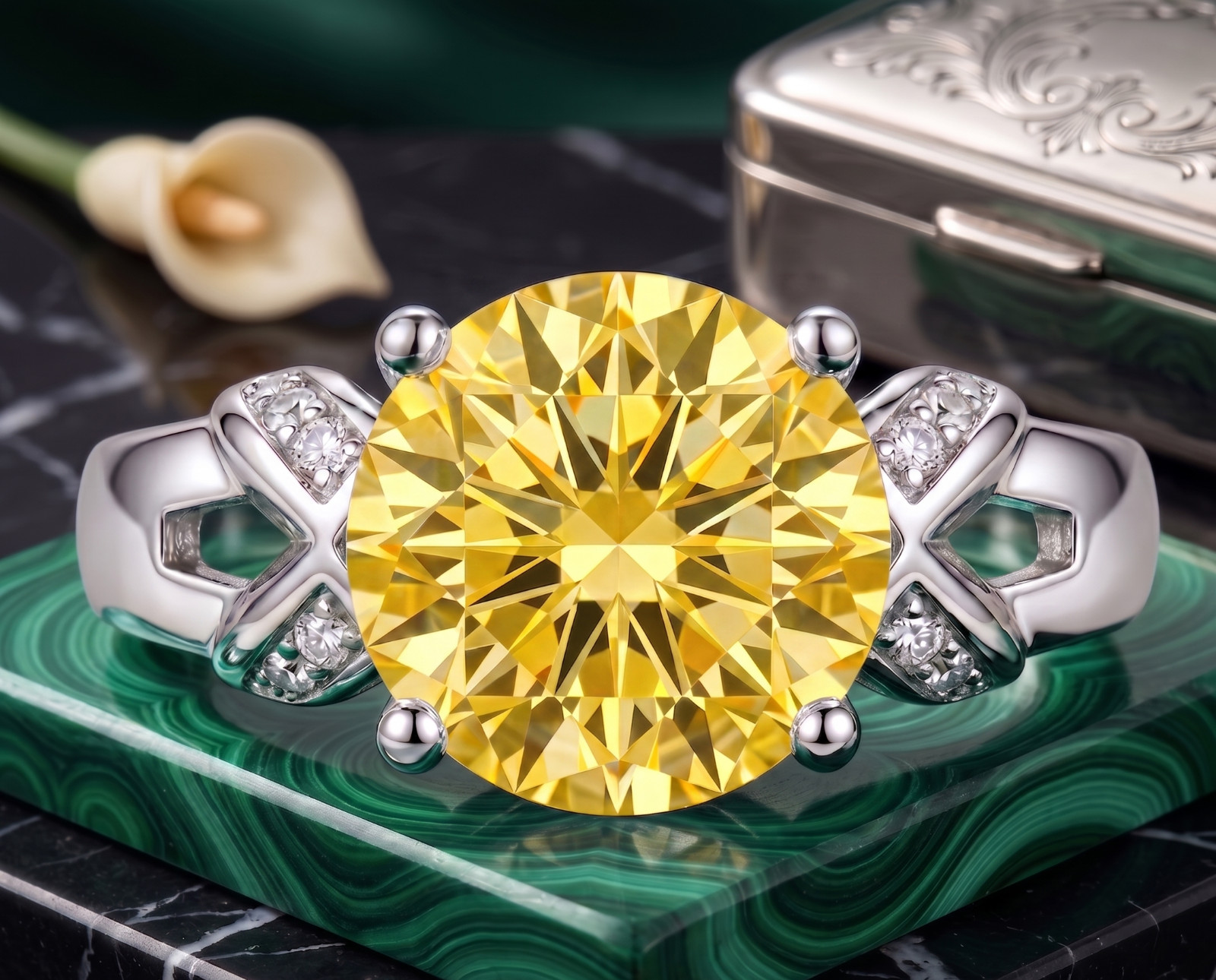 6.00 Ct Certified Round Shape Yellow Natural Diamond Ring VVS1 White Gold Finish