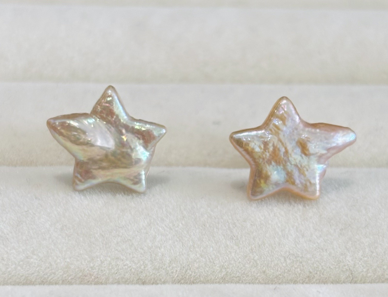 Natural Star Shaped Baroque Pearl Studs Earrings | Soft Peach Iridescence |