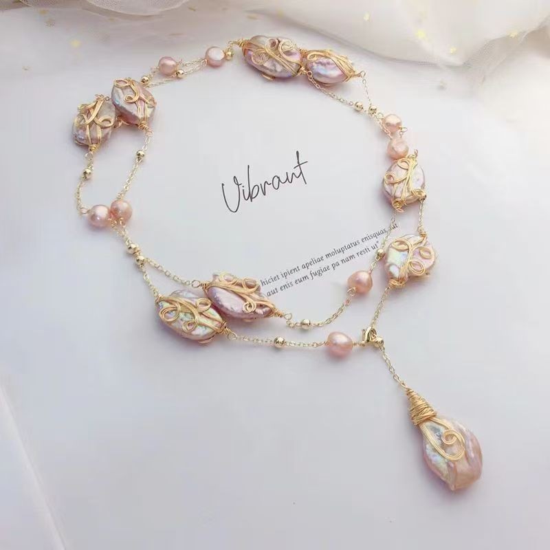 Cultured Baroque Irregular Pearl Blue Murano 14K Gold Chain Long Necklace