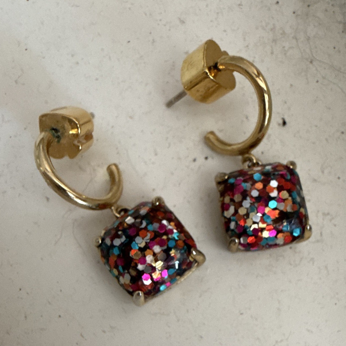 Kate Spade Multicolor Square Dangle Charm Hoop Earrings, Butterfly Closure, Pair