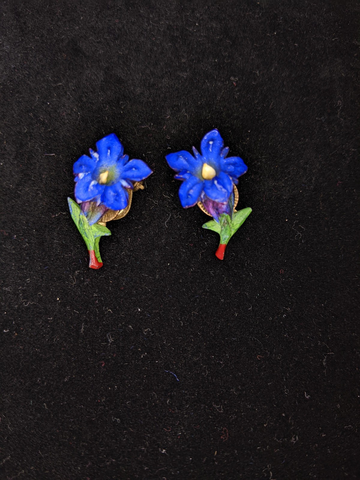 Vintage Clip-on Blue Gentian Earrings (alpine flower) 1930s-1940s, 1 inch