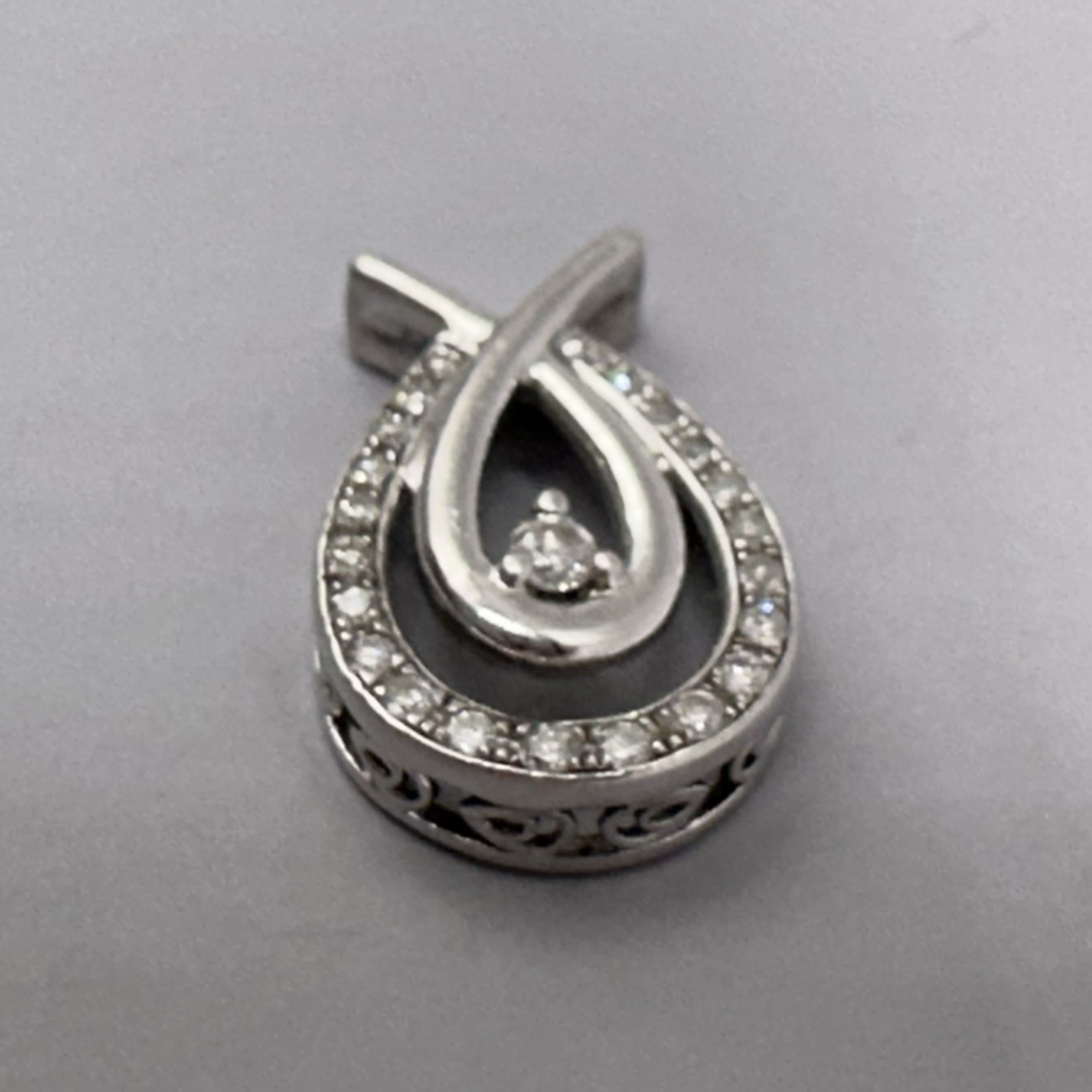 Diamond Halo Teardrop Swirl Pendant Kama Schachter KSJ 925 Sterling Silver