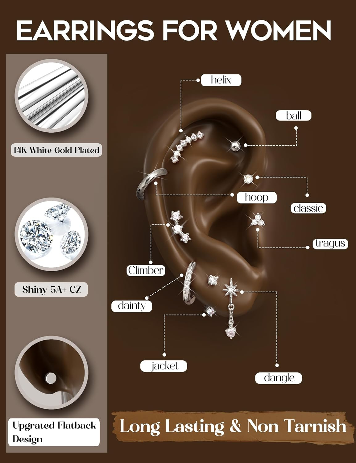 16G Cartilage Earrings for Women Silver Flat Back Earrings Hypoallergenic Surgic