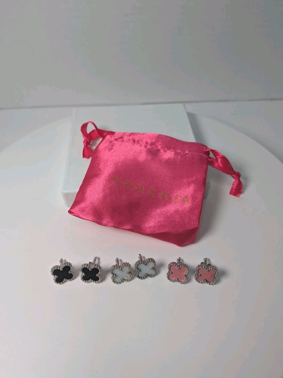 Adornia Set 3 Clover Stud Earrings Silver Pink Black White 14k Gold or Rhodium