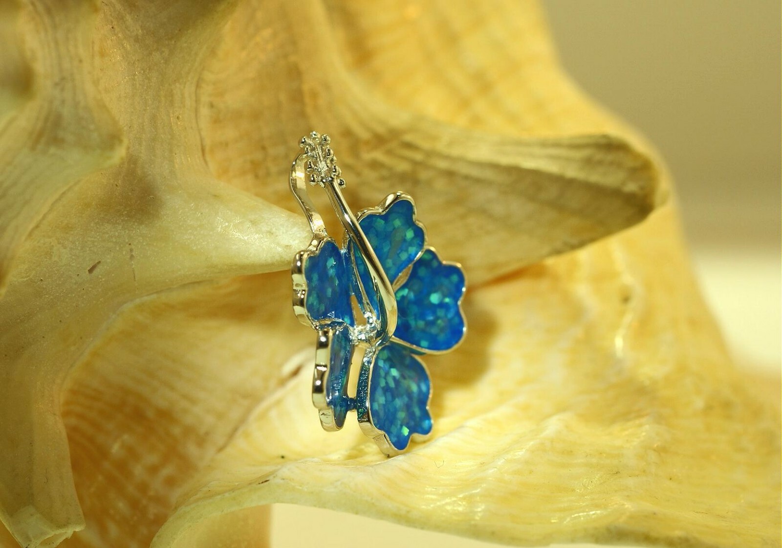 22.5MM RHODIUM 925 STER SILVER INLAID BLUE OPAL HAWAIIAN HIBISCUS SLIDE PENDANT