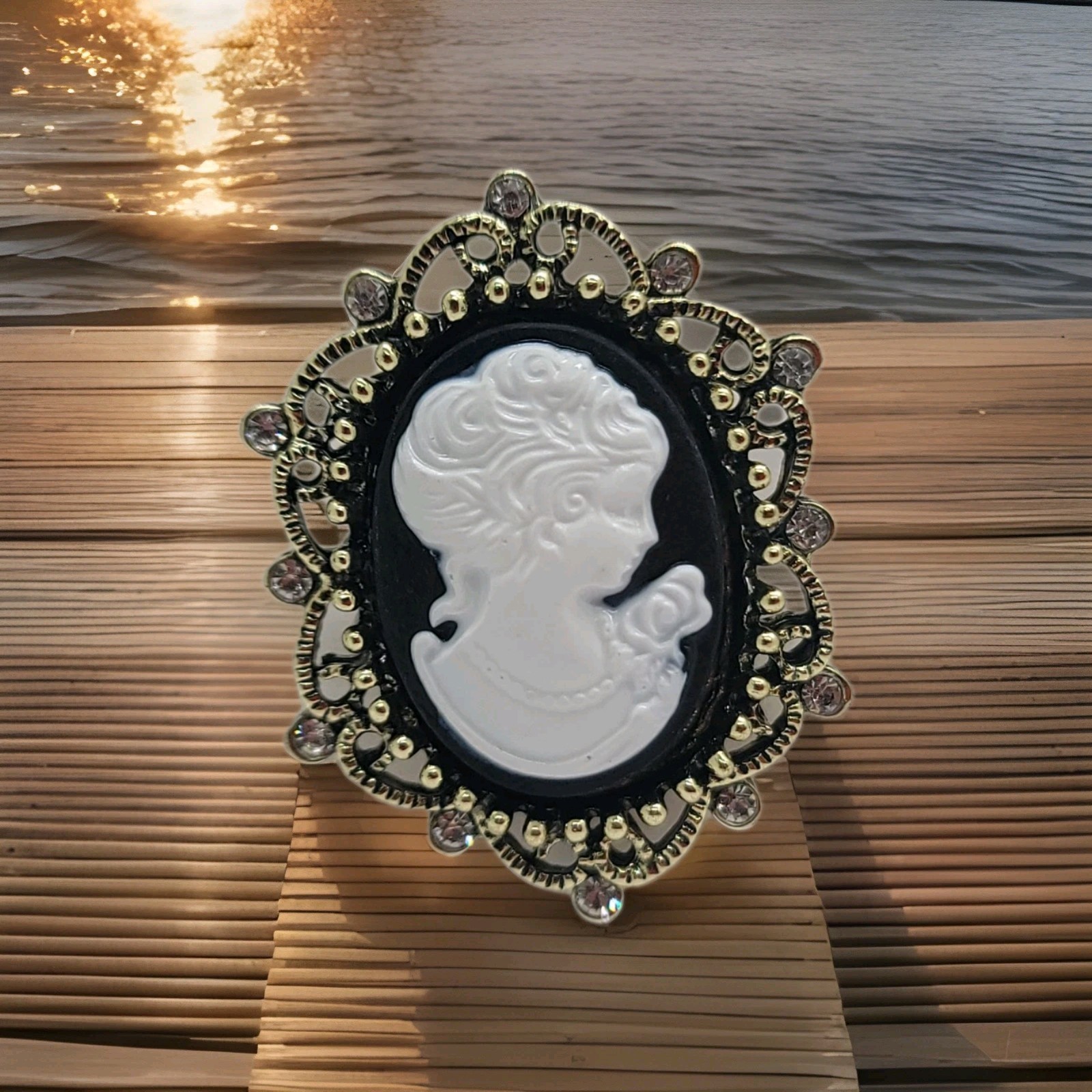 Vintage Victorian Style Cameo Brooch Pin Petite Black & White Rhinestone New