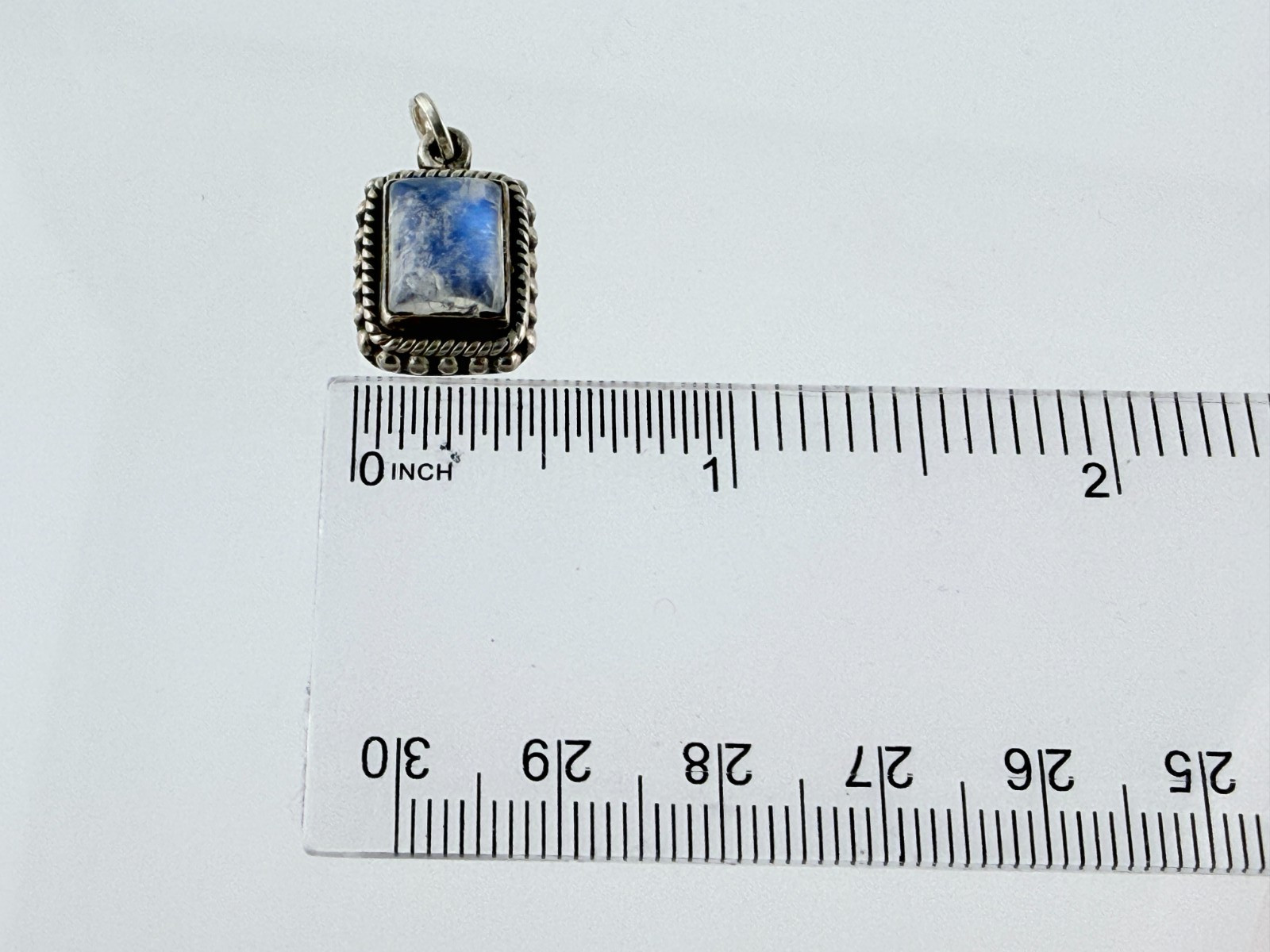 Vintage Sterling Silver Blue Moonstone Rectangular Cabochon Pendant Charm .75 In