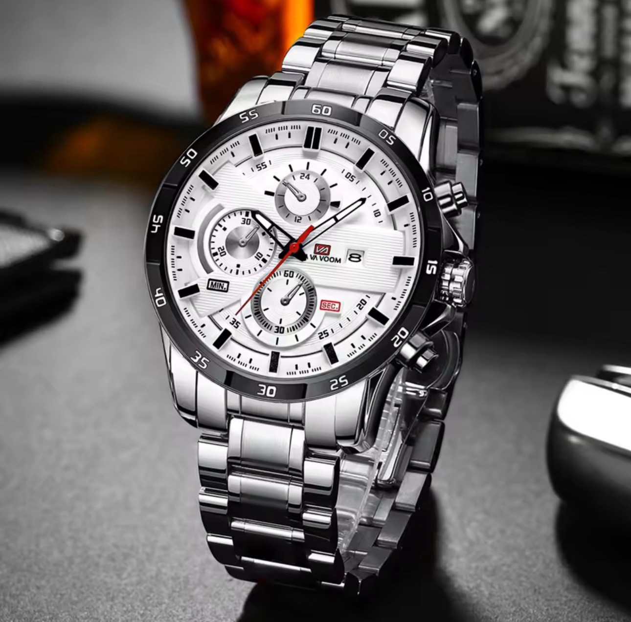 VAVOOM Men’s Quartz Chronograph Watch Date Analog 44-47.9mm Leather/SS