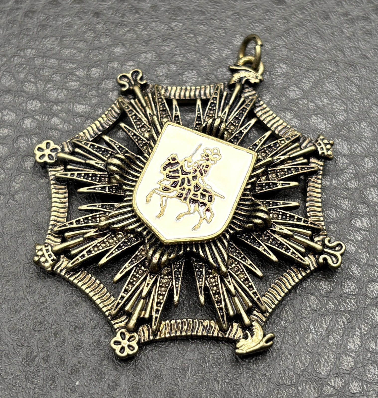 Vintage Large Heraldic Lion Knight Rampant Coat of Arms Pendant Brass Tone