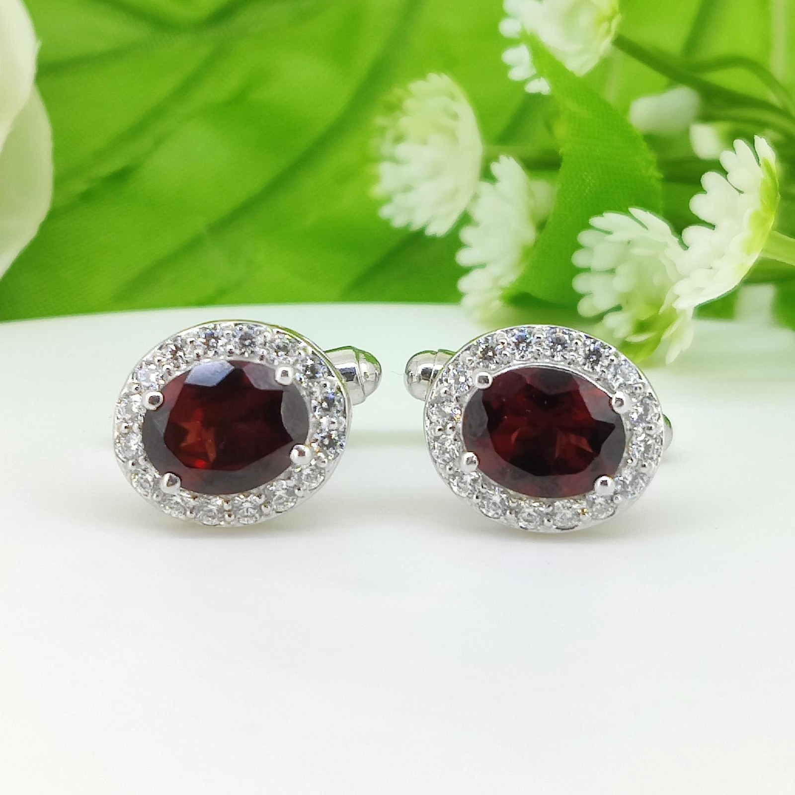 Natural Garnet Sterling Silver Cufflinks, Men’s Jewelry (January Birthstone)