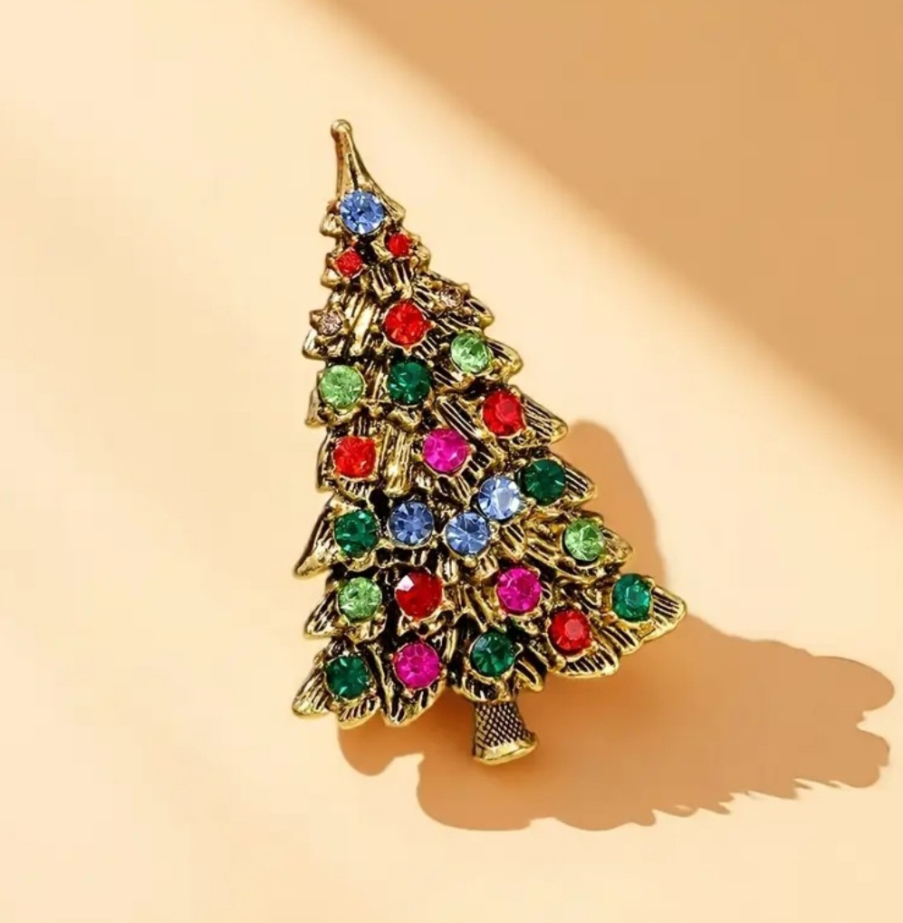 VTG RED GREEN PINK BLUE GOLD CHRISTMAS TREE LIGHTS~RHINESTONE CRYSTAL BROOCH PIN