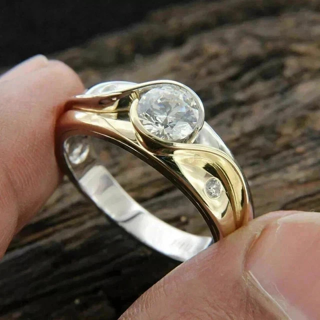 2Ct Round Cut Real Moissanite Solitaire Engagement Ring 14K Two Tone Gold Plated