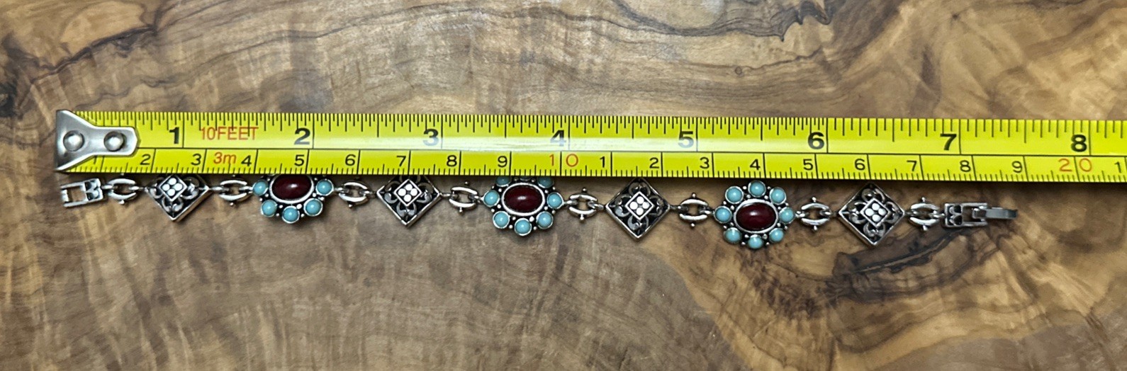 Silver Tone Turquoise & Red Floral Scroll Link Bracelet Western 7.5” Push Lock
