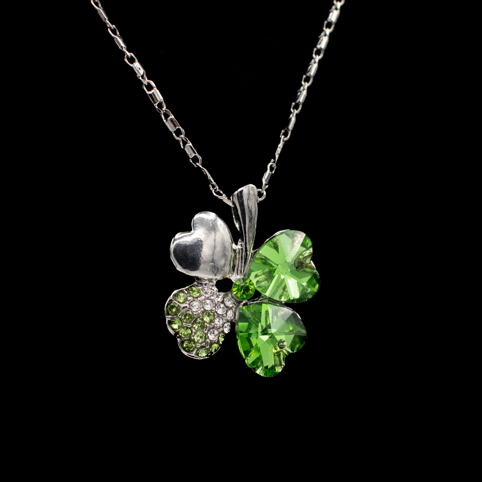Four Leaf Clover Green and Silver Crystal Necklace – Irish, St. Patricks Day