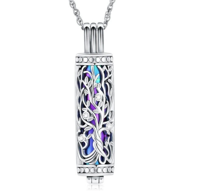 Tree of Life Cylinder Urn Pendant Necklace for Cremation Ashes Memorial Jewelry
