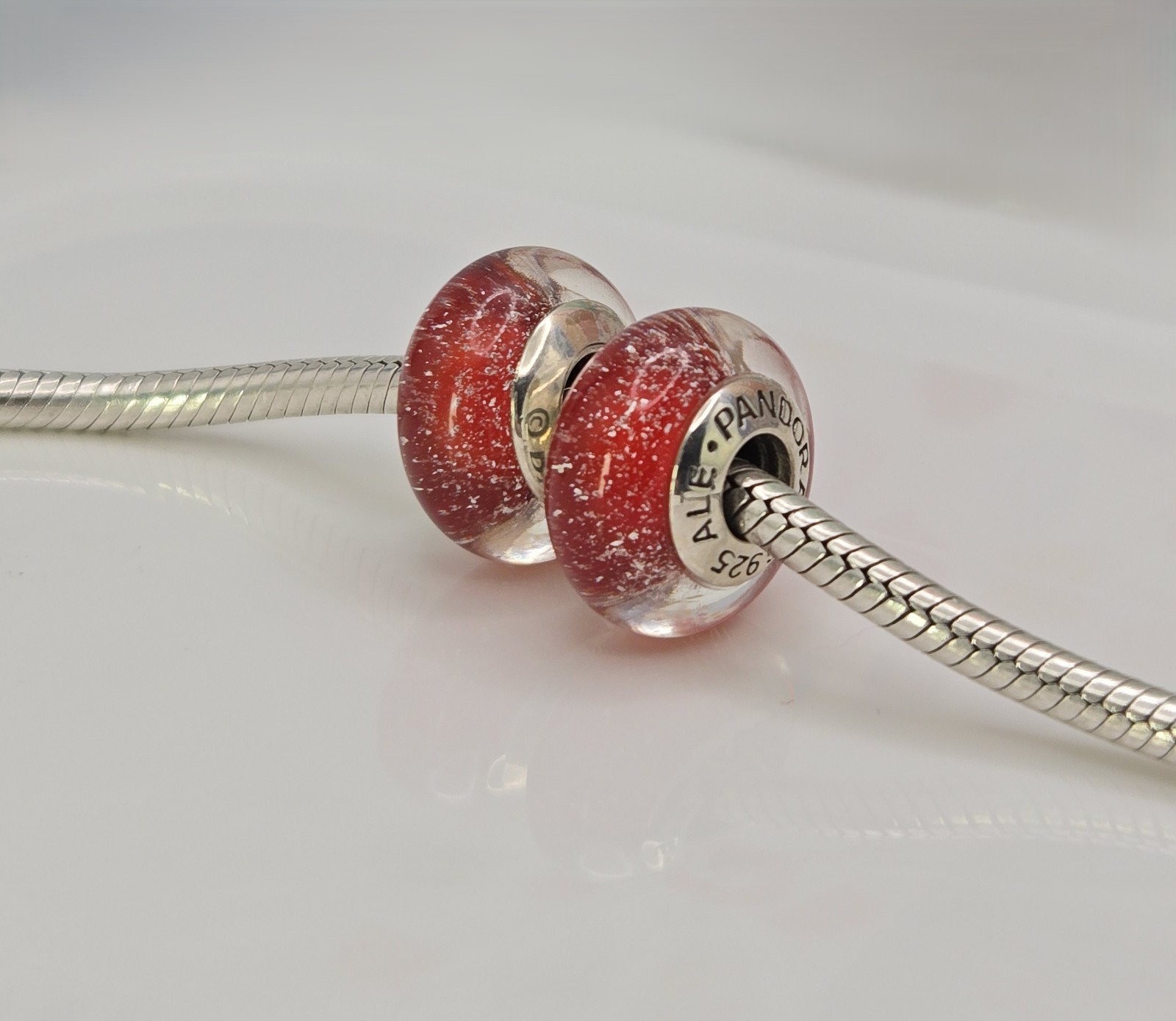 Authentic Pandora Pair of Disney Red Snow White Charms Murano Glass