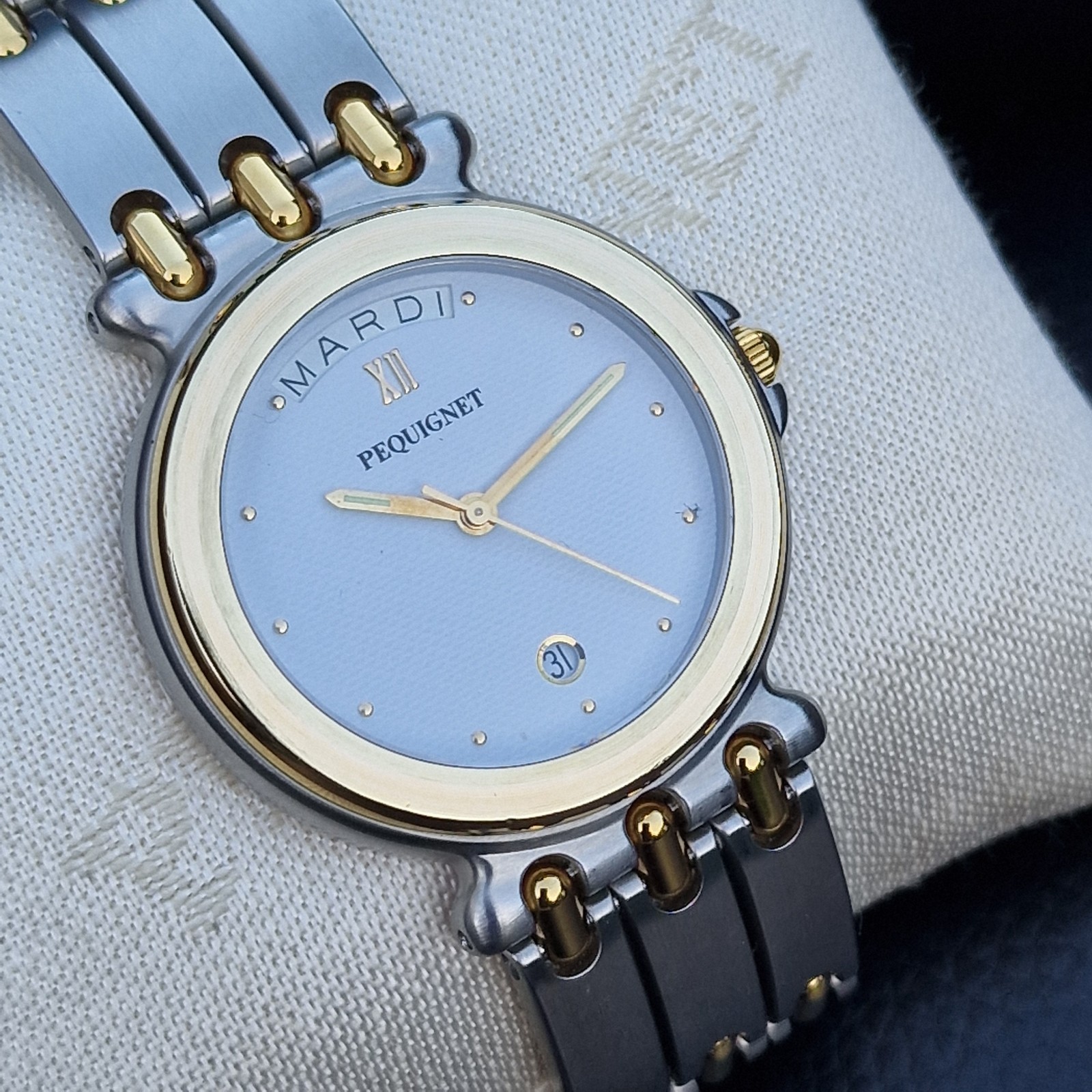 Gents EMILE PEQUIGNET Morea Date & Day Quartz watch, Box and papers, 33mm.