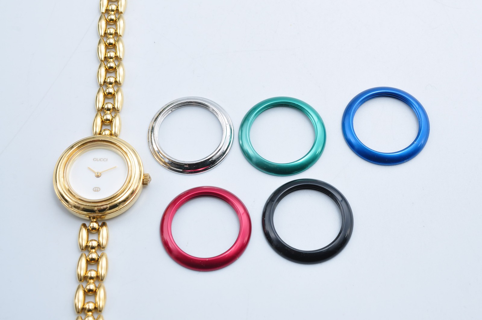 Gucci 11/12.2 Change Bezel Watch Gold Tone Rice Link Band w/6Bezels,Box w-11131