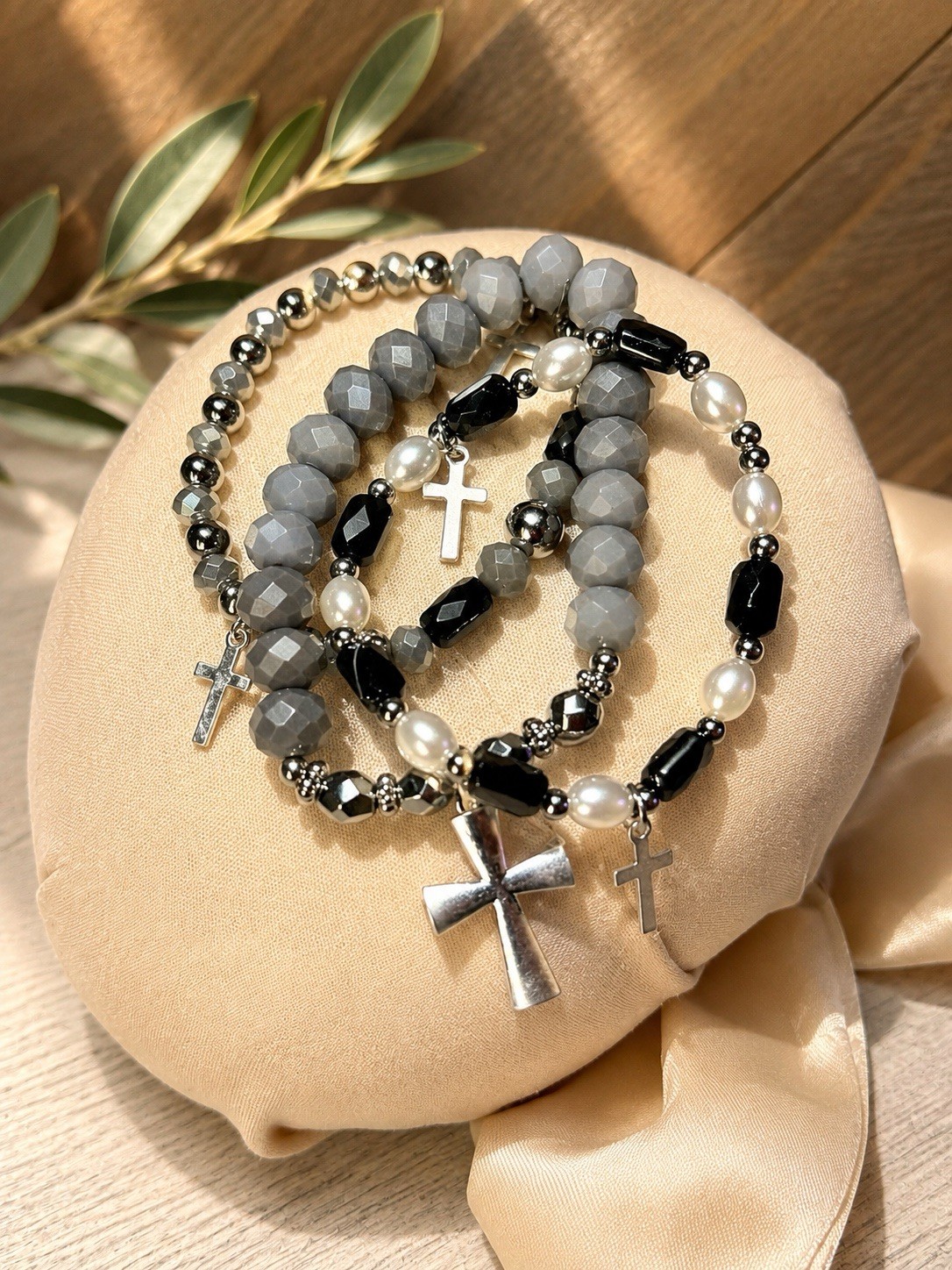 Often Market Gray Black Stackable Beaded Stretch Bracelet Trio Cross Charms