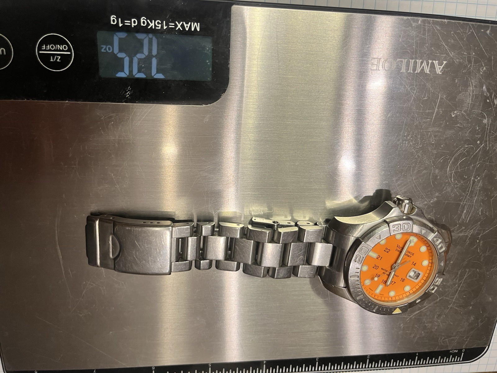 Victorinox Swiss Army 20 ATM 42mm Quartz 200m Orange Dial Date Diver SS