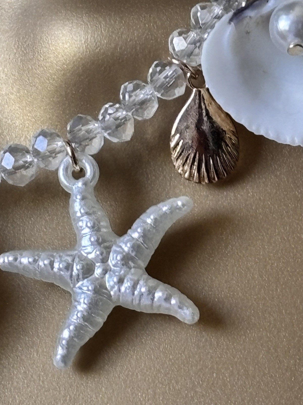 Sparkly Clear Beaded Gold Boho Beach Theme Necklace – Shells Starfish Faux Pearl