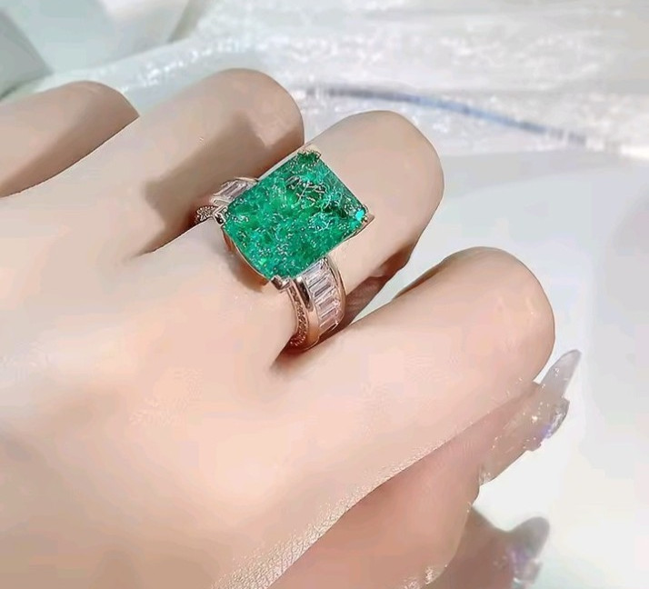 Blue Green Rectangle Moissanite Style Ring Adjustable Statement Party Gift
