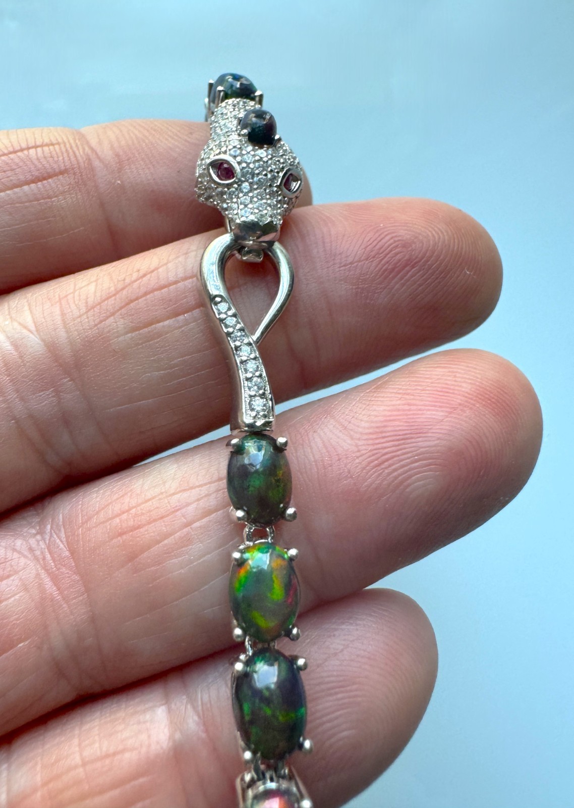 Ethiopian 7x5mm Black Opal Ruby CZ 925 Sterling Silver Cobra Push-Lock Bracelet