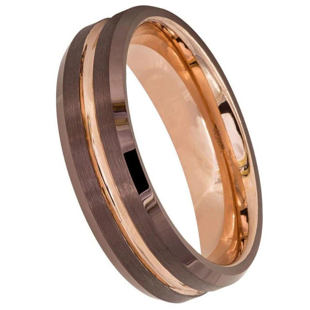 Beveled Edge Brushed Brown IP Tungsten Ring – 6mm