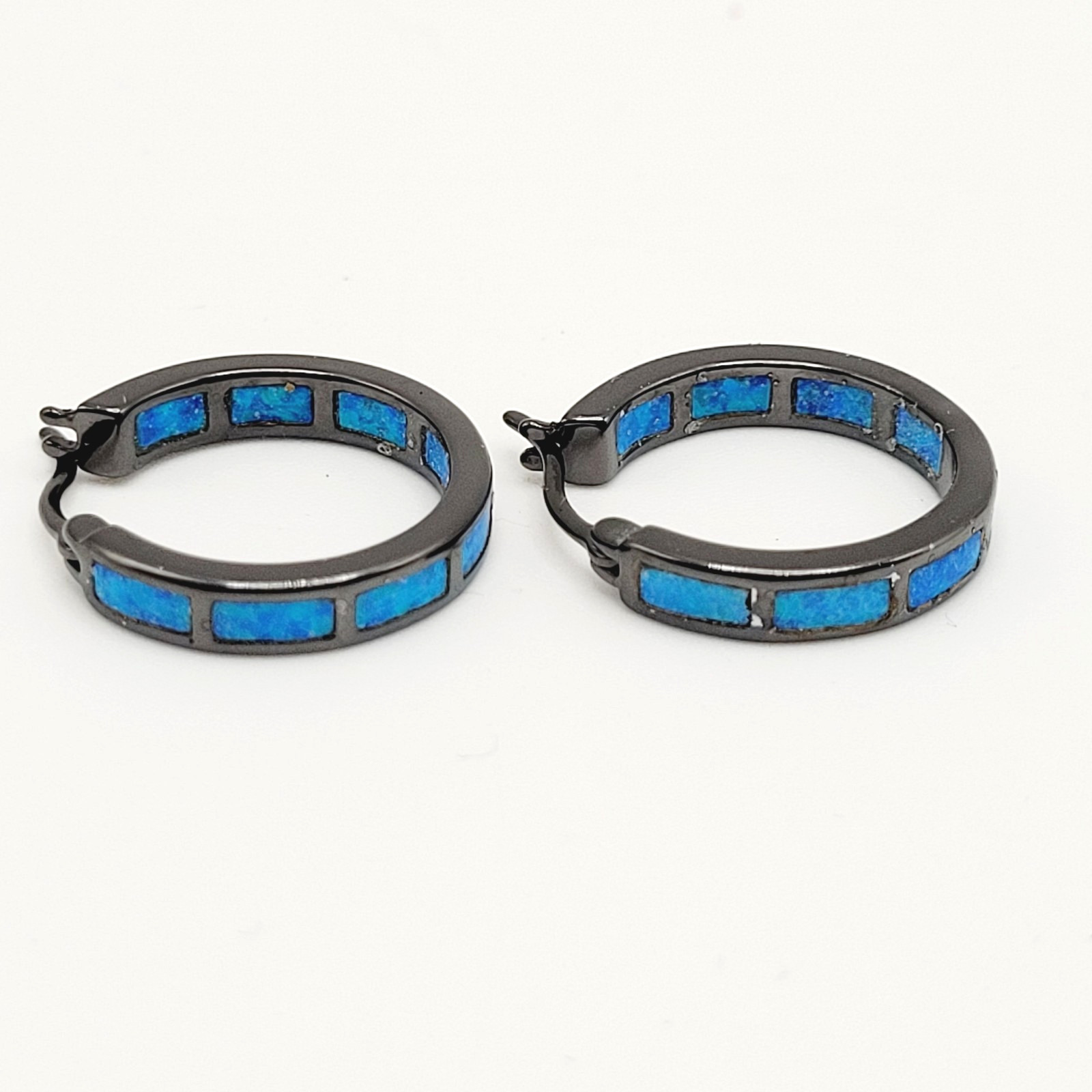 Blue Shade Opal Lab Created Inlay Dark Gunmetal Tone Small Hoop Pierced Earrings