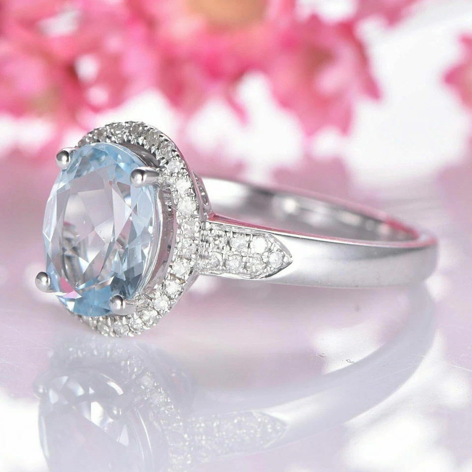 5.20 Ct Oval Cut Natural Aquamarine & Diamond 14K White Gold Engagement Ring