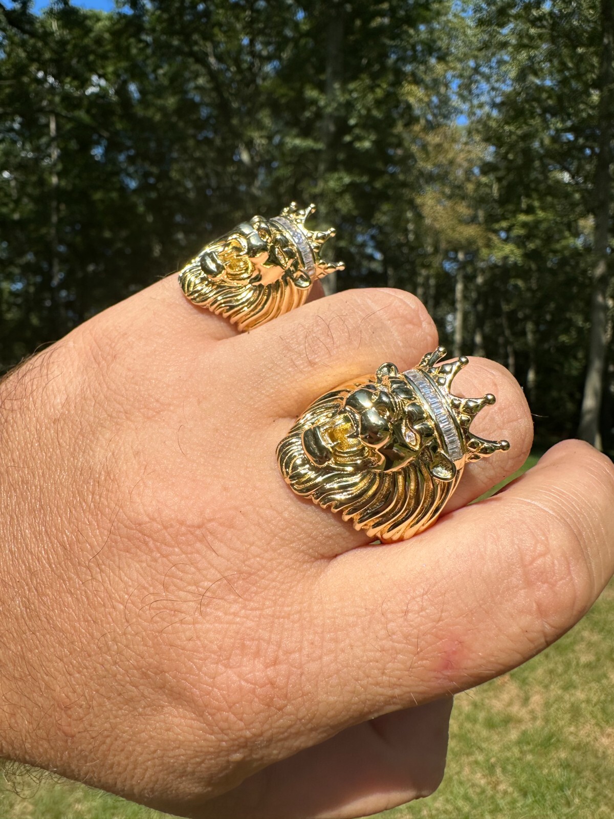 Lion W. Moissanite Baguette Crown 3D Mens Ring – 14k Gold Over Real 925 Silver