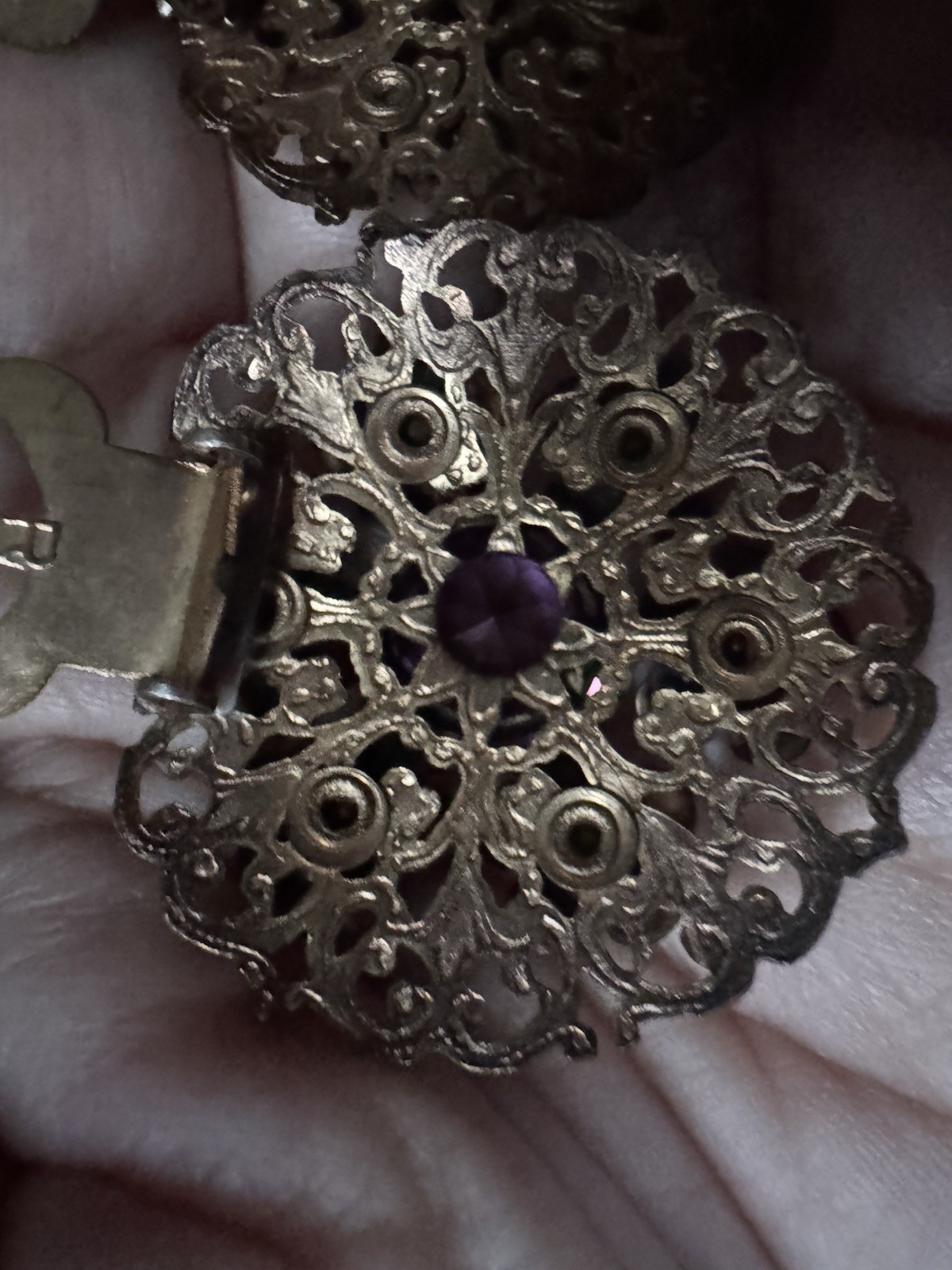 Vintage Purple and Gold Tone Clip-On Czechoslovakian Earrings 1.75 Victorian Rev
