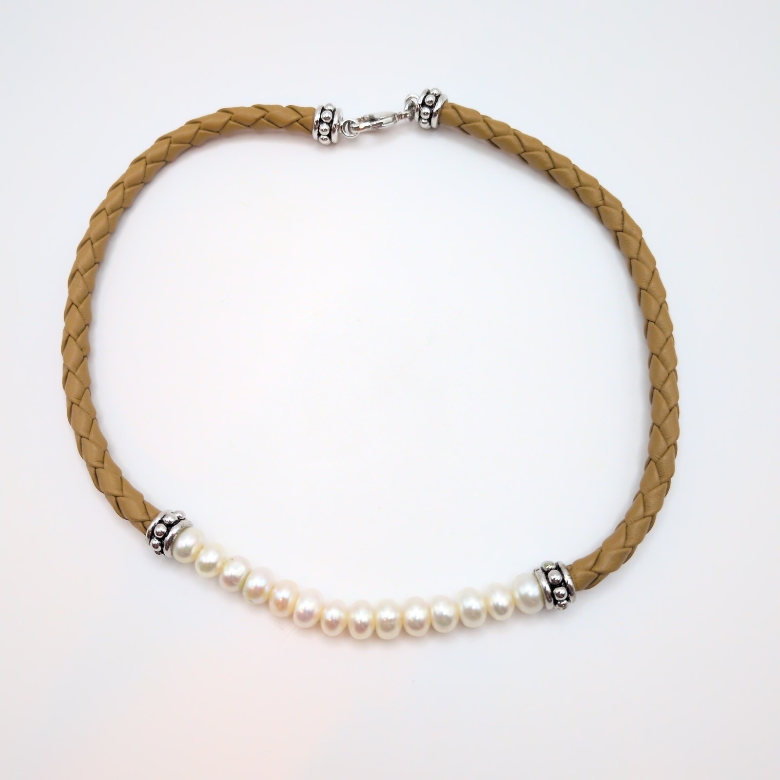 Honora Sterling Silver 925 Freshwater Pearl Braided Tan Leather Necklace 16in