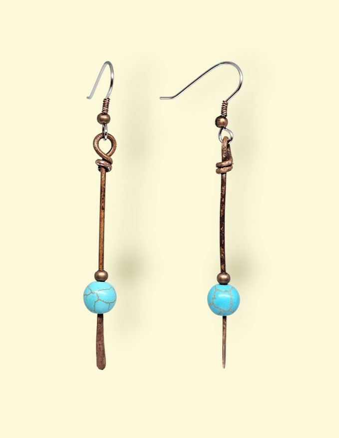 Handmade Copper Stick Dangle Earrings Blue Magnesite Beaded Boho Drop