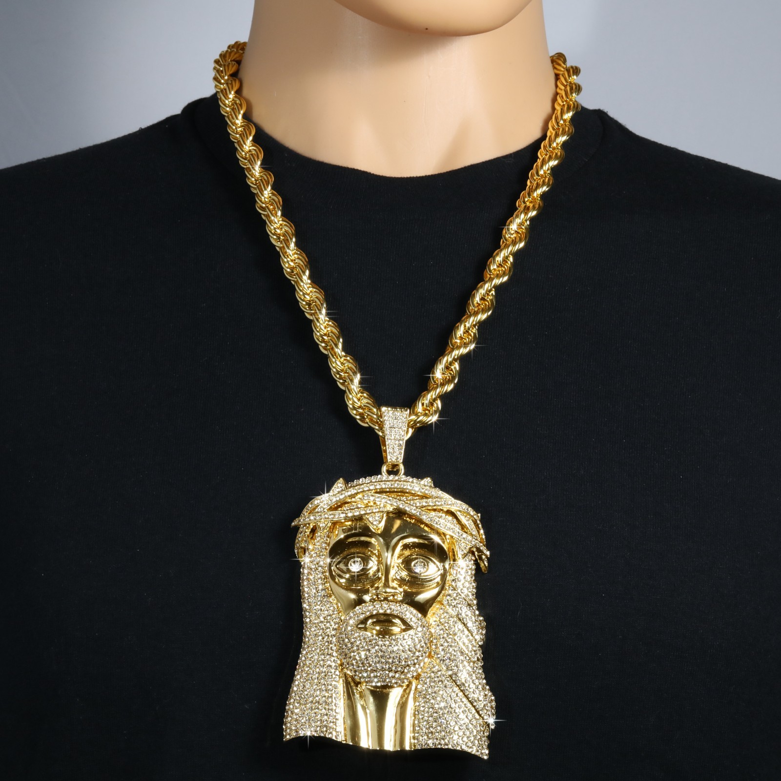 14K Rope Chain 10mm 24″ & 30″In | Jesus Piece Face Head Gold Plated XXL Hip Hop