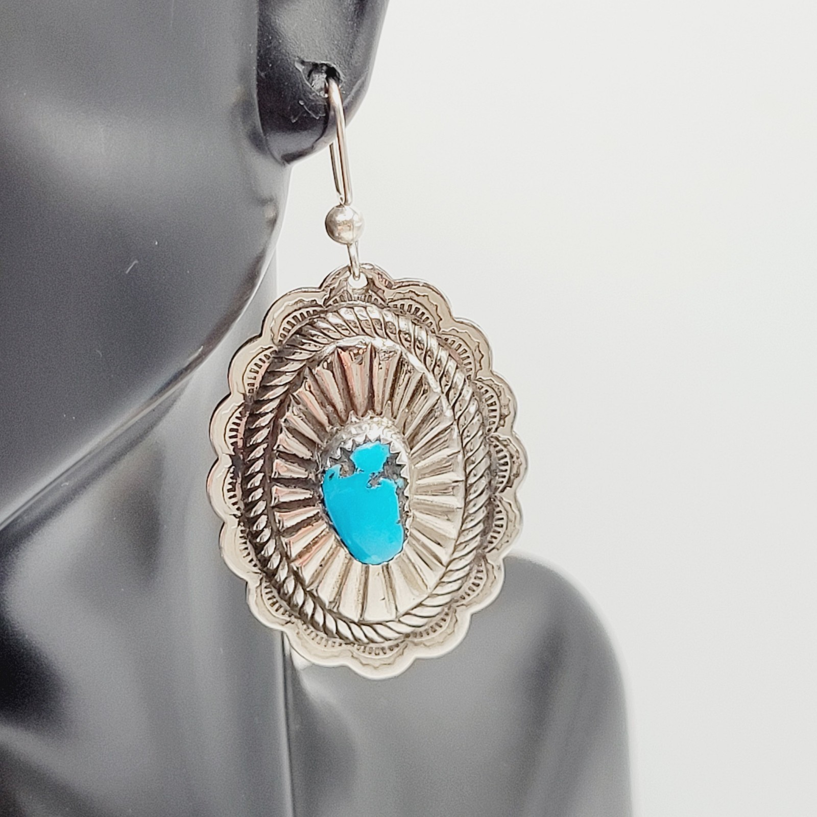 Southwestern Style Silver Tone Turquoise Concho Dangle Pierced Hook Earrings