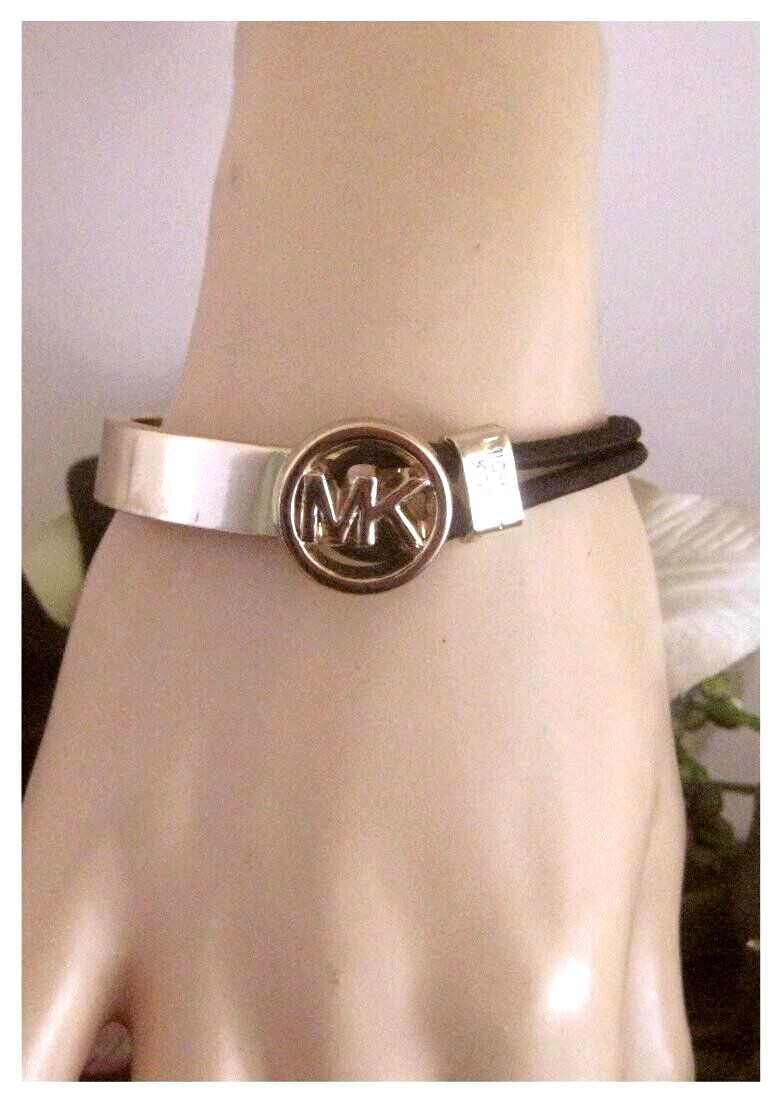 Michael Kors MK Medallion Logo Half Stretch Bracelet Goldtone & Black elastic
