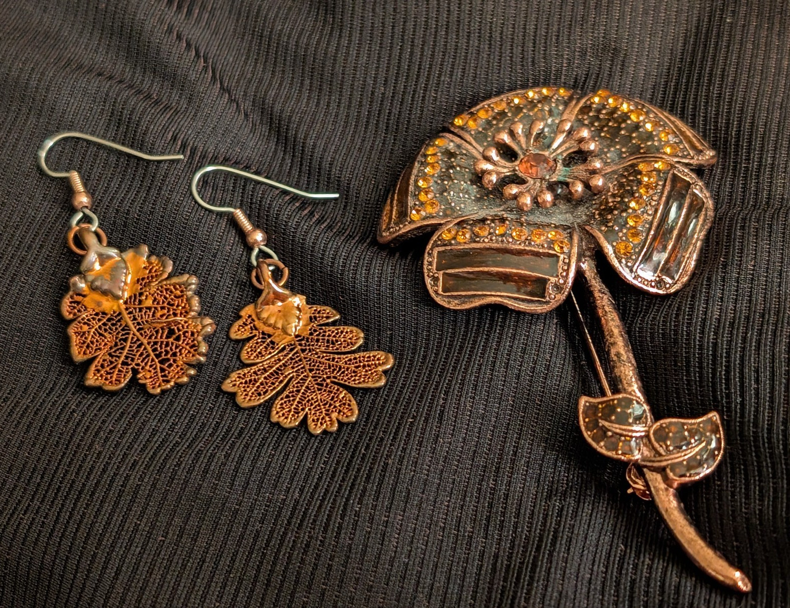 Copper Bronze Rhinestone Leaf Dangle Earrings & Flower Brooch Pin Set