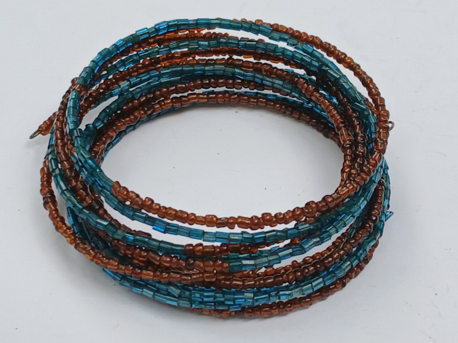 Vtg Boho Wide Cuff Bracelet Hippie Bead Memory Wire Brown Turquoise Multi Color