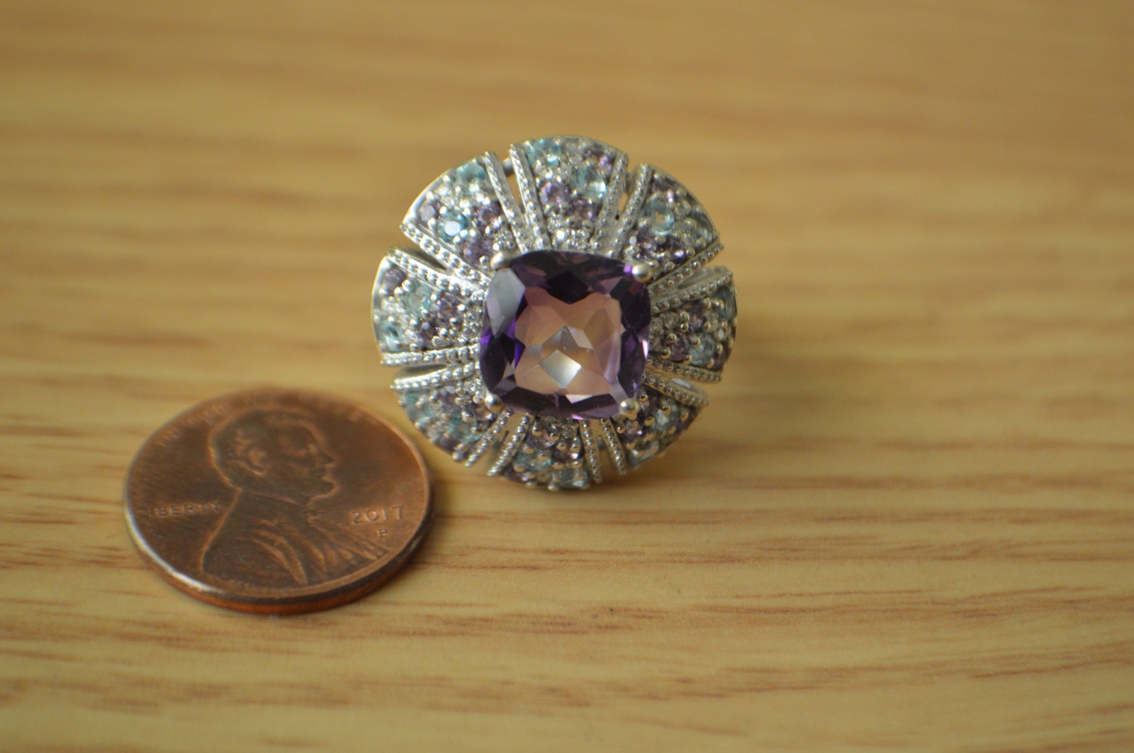 5.85ct Morrocan Rose Quartz / Multi Gemstone Ring Rhodium over Silver Size 7